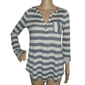Lucky Brand Top Womens Small Beige Nav Blue Striped henley shirt blouse v-neck